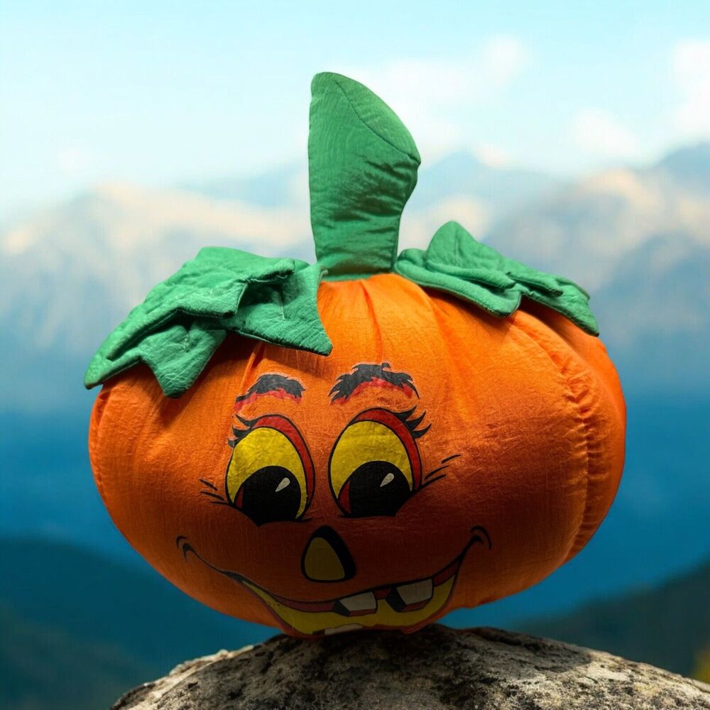 90's Halloween Pumpkin‎ Jack-o-Lantern VTG Plush Fiber Filled Toy  10" Polyester